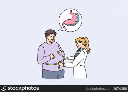 Doctor measure fat obese male patient belly prepare for bariatric surgery. Female surgeon or dietician examine overweight man waist. Diet, obesity concept. Weight loss medicine. Vector illustration. . Doctor measure obese patient waist prepare for surgery