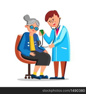 Doctor Measuring Old Woman Blood Pressure Vector. Character Young Doctor Care Elder Lady, Senior Patient. Stethoscope And Sphygmomanometer Cardiology Medical Equipment Flat Cartoon Illustration. Doctor Measuring Old Woman Blood Pressure Vector