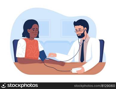Doctor measuring pressure of sad woman 2D vector isolated illustration. Medical flat characters on cartoon background. Healthcare service colourful scene for mobile, website, presentation. Doctor measuring pressure of sad woman 2D vector isolated illustration