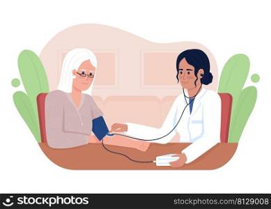 Doctor measuring senior patient blood pressure 2D vector isolated illustration. Medical checkup flat characters on cartoon background. Hospital colourful scene for mobile, website, presentation. Doctor measuring senior patient blood pressure 2D vector isolated illustration