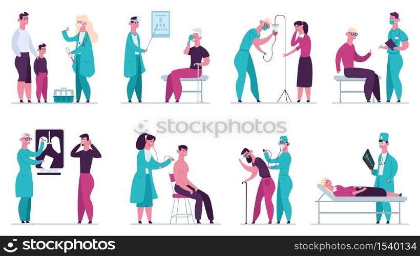 Doctor medical appointment. Medical check up, hospital health care, ultrasound and vaccination, clinic vector illustration set. Medical diagnosis hospital collection. Doctor medical appointment. Medical check up, hospital health care, ultrasound and vaccination, clinic vector illustration set