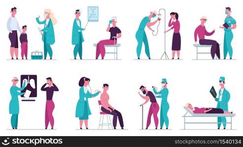 Doctor medical appointment. Medical check up, hospital health care, ultrasound and vaccination, clinic vector illustration set. Medical diagnosis hospital collection. Doctor medical appointment. Medical check up, hospital health care, ultrasound and vaccination, clinic vector illustration set