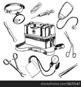 Doctor medical case laboratory accessories sketch icons collection composition with stethoscope syringe plaster doodle isolated vector illustration