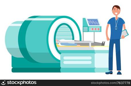 Doctor novice on practice in hospital vector, mri magnetic resonance imaging machine. Isolated doc assistant with patients, equipment for diagnostics. Machine MRI Magnetic Resonance Imaging and Doc
