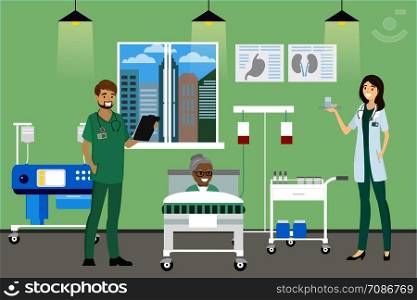 Doctor, nurse and african american grandmother patient in the Hospital room,cartoon vector illustration. Doctor, nurse and grandmother patient in the Hospital room