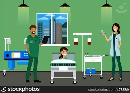 Doctor, nurse and patient in the Hospital room,cartoon vector illustration. Doctor, nurse and patient in the Hospital room