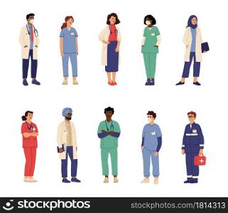 Doctor nurse characters. Health professionals, isolated medical hospital persons. Male paramedic surgeon, swanky healthcare team vector set. Illustration medical professional hospital staff. Doctor nurse characters. Health professionals, isolated medical hospital persons. Male paramedic surgeon, swanky healthcare team vector set