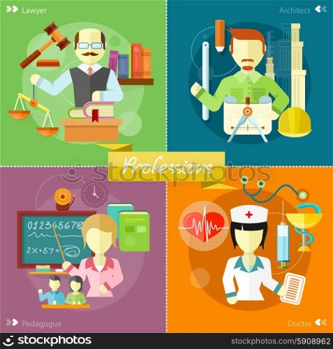 Doctor, nurse, hospital doctor, nurse jobs. Pretty teacher with a pointer. Man in court. Lawyer icons concept. architect constructor at his work place with tools. Concept in flat design