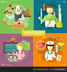 Doctor, nurse, hospital doctor, nurse jobs. Pretty teacher with a pointer. Man in court. Lawyer icons concept. architect constructor at his work place with tools. Concept in flat design