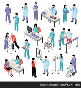 Doctor Nurse Hospital Isometric Set. Docters physicians nurses physiotherapist and laboratory assistent attending patients in hospital isometric icons collection isolated vector illustration