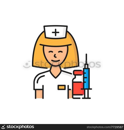 Doctor nurse woman with pills and drugs, syringe shot isolated color line icon. Vector antiviral vaccine and immunization inject. Healthcare and medicine worker, syringe and medicament, vaccination. Nurse woman doctor ready to do corona vaccination
