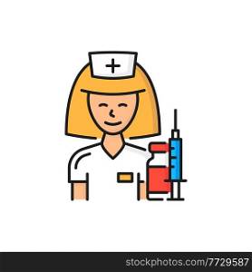 Doctor nurse woman with pills and drugs, syringe shot isolated color line icon. Vector antiviral vaccine and immunization inject. Healthcare and medicine worker, syringe and medicament, vaccination. Nurse woman doctor ready to do corona vaccination