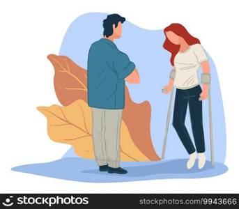 Doctor observing rehabilitation process of woman with broken leg. Treatment and health care, exercising of female character after injury or fracture. Helping to recover. Vector in flat style. Rehabilitation after leg injury or fracture vector