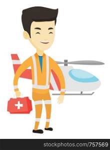 Doctor of air ambulance. Doctor of air ambulance standing in front of rescue helicopter. Doctor of air ambulance holding first aid box. Vector flat design illustration isolated on white background.. Doctor of air ambulance vector illustration.