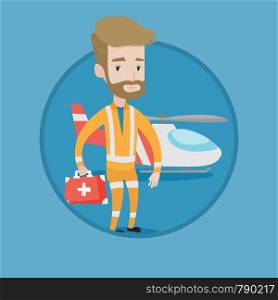 Doctor of air ambulance in front of rescue helicopter. Doctor of air ambulance with first aid box. Hipster doctor of air ambulance. Vector flat design illustration in the circle isolated on background. Doctor of air ambulance vector illustration.