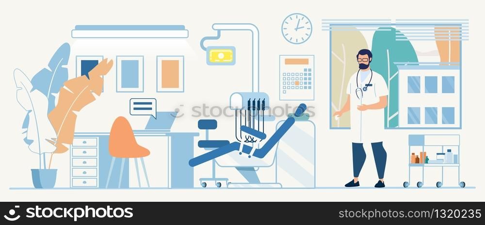 Doctor Office Cartoon Interior Illustration. Modern Dentist or Gynecologist Equipped Room. Patient Examination Chair, Tools, Laptop. Practitioner Male Character in Uniform. Vector Flat Illustration. Flat Doctor Office Cartoon Interior Illustration