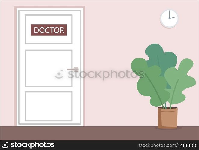 Doctor office flat color vector illustration. Medical clinic hallway 2D cartoon interior with closed door on background. Empty hospital corridor. Physician workplace. Professional medical service. Doctor office flat color vector illustration