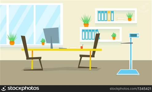 Doctor Office. Medical Cabinet Flat Vector. Hospital Room With Table And Furniture for Sick or Health People Consultation and Diagnosis. Interior Panorama with Scales, Chair, Desk, and Window.. Doctor Office. Medical Clinic Cabinet Flat Vector.