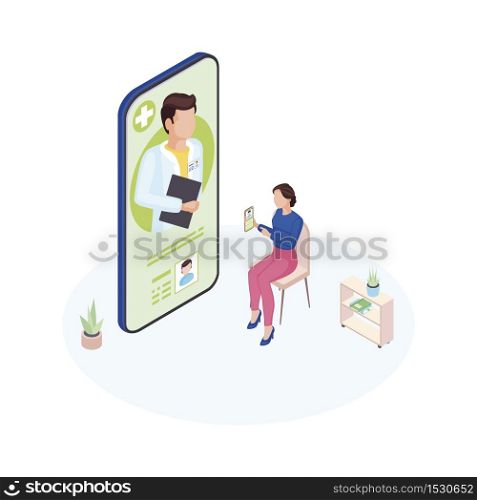 Doctor on call service isometric illustration. General practitioner consulting mother online. Remote pediatrician advice. Cartoon woman explaining child symptoms, complaints via video conference