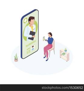 Doctor on call service isometric illustration. General practitioner consulting mother online. Remote pediatrician advice. Cartoon woman explaining child symptoms, complaints via video conference