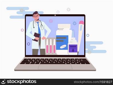 Doctor on laptop screen. Online advice on quarantine treatment and medication. Flat illustration isolated on a white background. Web banner