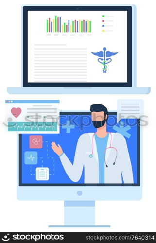 Doctor online help form expert vector, telemedicine modern technology with charts and infographics. Doc diving consultation, symbol of medicine flat style. Telemedicine Online Help from Doctor Screen