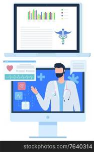 Doctor online help form expert vector, telemedicine modern technology with charts and infographics. Doc diving consultation, symbol of medicine flat style. Telemedicine Online Help from Doctor Screen