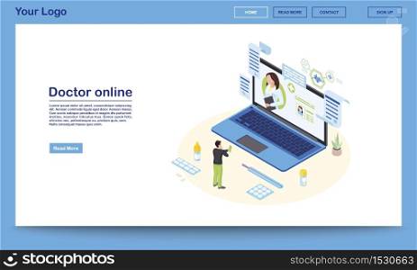 Doctor online service isometric landing page template. 3d physician consulting patient, prescribing medicine. Ehealth system promo website with text space. Client contacting remote medical specialist
