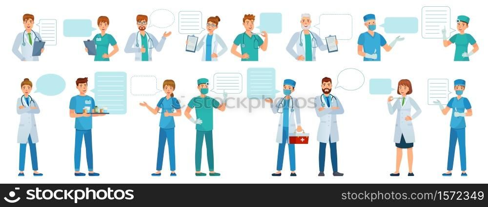 Doctor opinion. Physician consultation. Doctors with clipboard, empty speech bubble for diagnosis, medical opinion health service vector set. Medical practitioners with equipment as stethoscope, kit. Doctor opinion. Physician consultation. Doctors with clipboard, empty speech bubble for diagnosis, medical opinion health service vector set