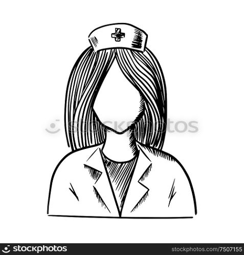 Doctor or nurse icon in uniform and hat isolated on white background. Sketch style. Doctor or nurse icon sketch