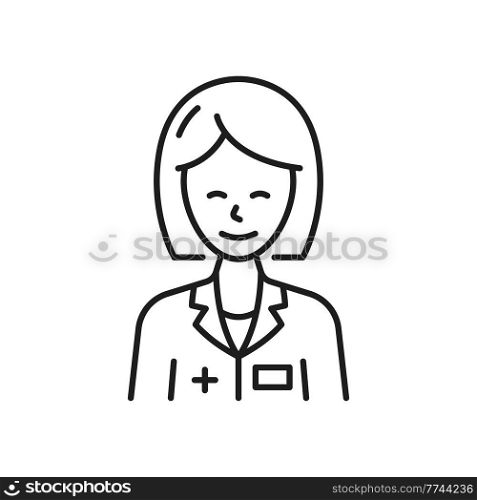 Doctor or nurse outline icon, medical service professional thin line sign. Medicine clinic, health care or emergency service woman doctor vector symbol. Healthy lifestyle nutritionist pictogram. Medical service doctor or nurse outline icon