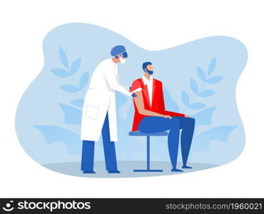 Doctor or nurse wearing a protective mask injects a vaccine into a man. Vector flat illustration