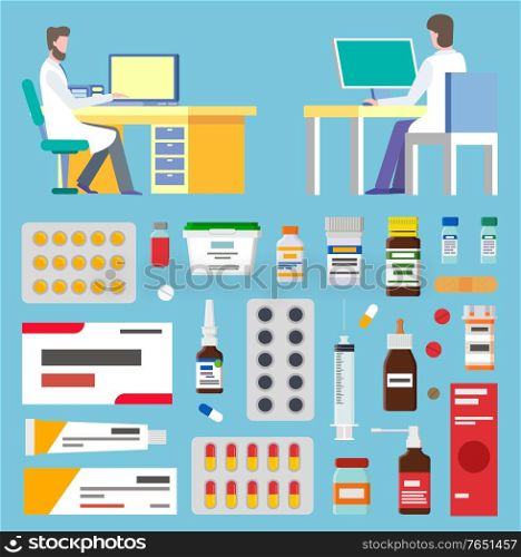 Doctor or pharmacist communication with computer. Drugs sign, pillows and drops, plaster and syringe, ointment and spray, choosing for treatment vector. Drugs and Doctor, Treatment Symbol, Health Vector