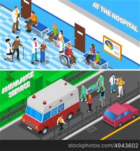 Doctor Patient Relationship 2 Isometric Banners . Hospital emergency department entrance with ambulance and waiting room for patients 2 isometric banners isolated vector illustration