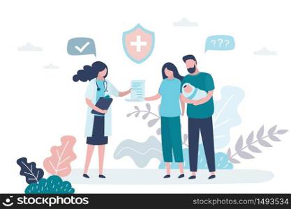 Doctor pediatrician examines a newborn baby. Scheduled visit to the doctor. Neonatologist talk with mother cand father. Consultation and recommendations. Healthcare banner concept. Trendy vector