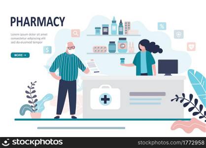 Doctor pharmacist and old man patient in drugstore. Elderly male client buying medication in pharmacy. Healthcare and shopping concept. Landing page, website design banner. Trendy vector illustration. Doctor pharmacist and old man patient in drugstore. Elderly male client buying medication in pharmacy. Healthcare and shopping concept.