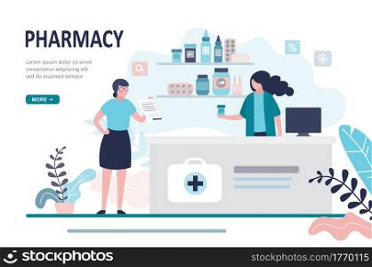 Doctor pharmacist and patient in drugstore. Female character client buying medication in pharmacy. Healthcare and shopping concept. Landing page, website design banner. Trendy flat vector illustration. Doctor pharmacist and patient in drugstore. Female character client buying medication in pharmacy. Healthcare and shopping concept.