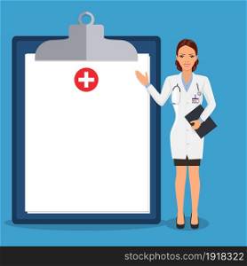 Doctor pointing at empty medical clipboard. Vector illustration in flat style. Doctor pointing to the billboard