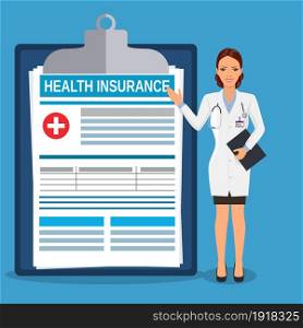 Doctor pointing at health insurance medical clipboard. Vector illustration in flat style. Doctor pointing to the billboard