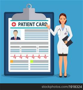 Doctor pointing at patient card medical clipboard. Vector illustration in flat style. Doctor pointing to the billboard