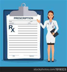 Doctor pointing at prescription medical clipboard. Vector illustration in flat style. Doctor pointing to the billboard