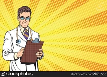 Doctor pop art retro vector. Portrait Of A Confident Mature Doctor. Doctor with a stethoscope. Bypassing doctor, diagnosis