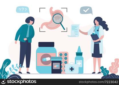 Doctor prescribed pills for patient. Female character at appointment with gastroenterologist. Woman has stomach problems. Concept of gastroenterology and treatment. Trendy flat vector illustration. Doctor prescribed pills for patient. Female character at appointment with gastroenterologist. Woman has stomach problems