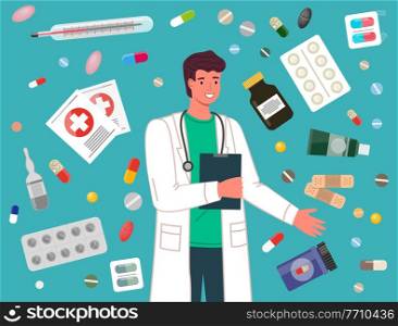 Doctor prescription and pills, man medical worker and medicines. Medication, pharmaceutic concept. Medic and medicines. Set of tablets, blister, spray, syrup, syringe, injection for sickness treatment. Doctor prescription and pills, man medical worker and medicines. Medication, pharmaceutic concept