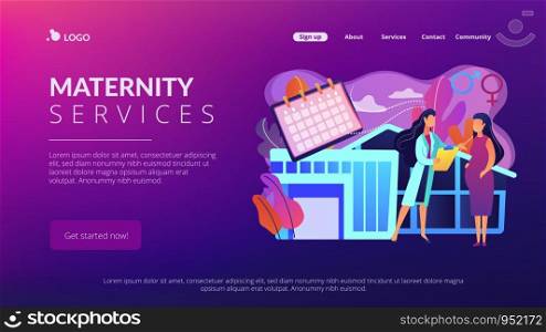 Doctor provides health services to pregnant woman and during labour. Maternity services, maternal perinatal health, pregnancy and birth care concept. Website vibrant violet landing web page template.. Maternity services concept landing page.
