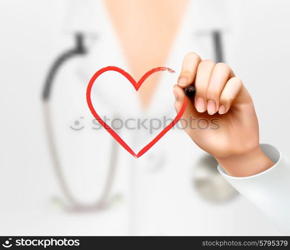 Doctor&rsquo;s hand drawing a heart symbol. Vector.