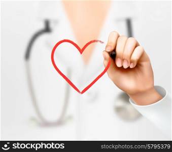 Doctor&rsquo;s hand drawing a heart symbol. Vector.