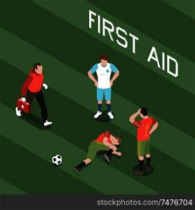 Doctor running to give first aid to injured footballer 3d isometric vector illustration