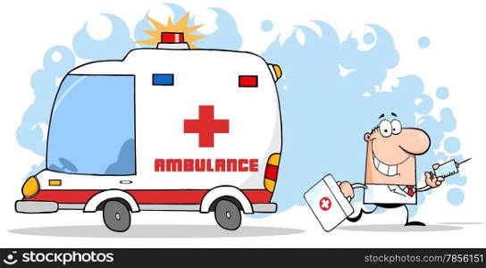Doctor Running With A Syringe From Ambulance