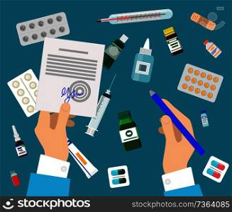 Doctor s hands and medicines set colorful poster, vector illustration with arms holding medical prescription, tablets pills and squirt, medic tools. Doctor s Hands and Medicines Set Colorful Poster